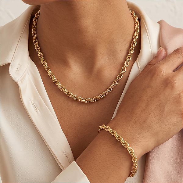 CONJUNTO COLAR E PULSEIRA CORRENTE ELOS TORCIDOS DOURADO AÇO 316L PREMIUM⭐️