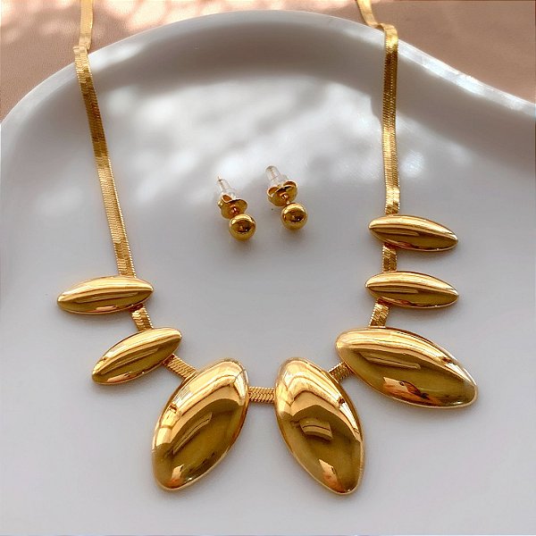 CONJUNTO BRINCO E COLAR FITA PLACAS OVAIS DOURADO AÇO 316L PREMIUM⭐️