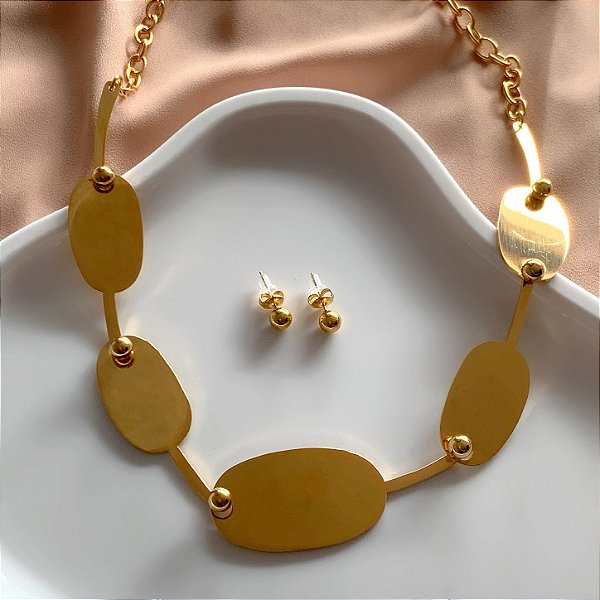 CONJUNTO BRINCO E COLAR SIENA DOURADO AÇO 316L PREMIUM⭐️