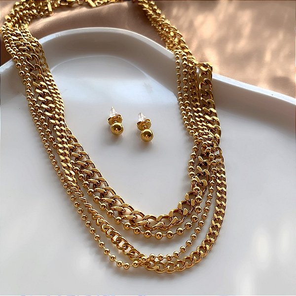 CONJUNTO BRINCO E COLAR CORRENTES DIVERSAS DOURADO AÇO 316L PREMIUM⭐️