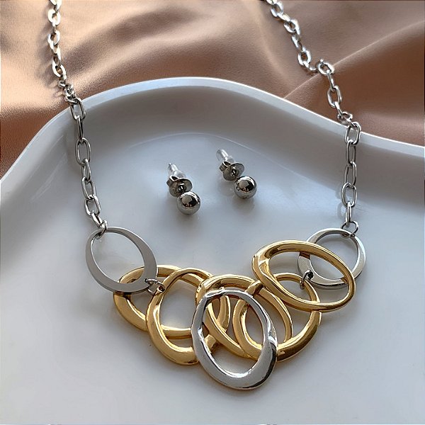 CONJUNTO BRINCO E COLAR ELOS BICOLOR DOURADO AÇO 316L PREMIUM⭐️
