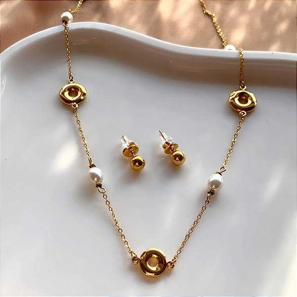 CONJUNTO BRINCO E COLAR PÉROLA BÓIA DOURADO AÇO 316L PREMIUM⭐️
