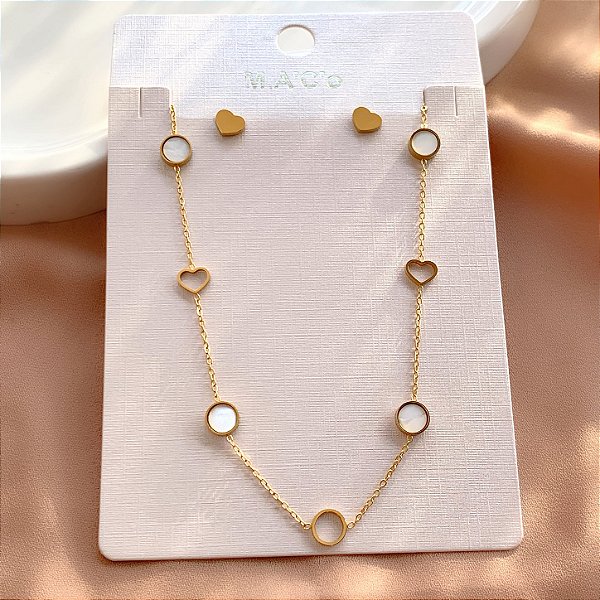 CONJUNTO BRINCO E COLAR BOLINHAS E CORAÇÃO VAZADO DOURADO AÇO 316L PREMIUM⭐️