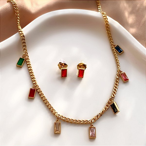 CONJUNTO BRINCO E COLAR ZIRCÔNIAS RENTANGULARES COLOR DOURADO AÇO 316L PREMIUM⭐️