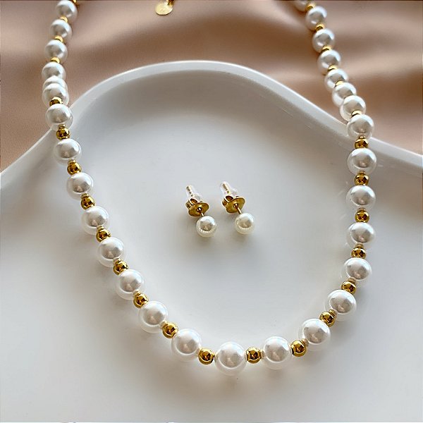 CONJUNTO BRINCO E COLAR PÉROLAS E BOLINHAS DOURADO AÇO 316L PREMIUM⭐️