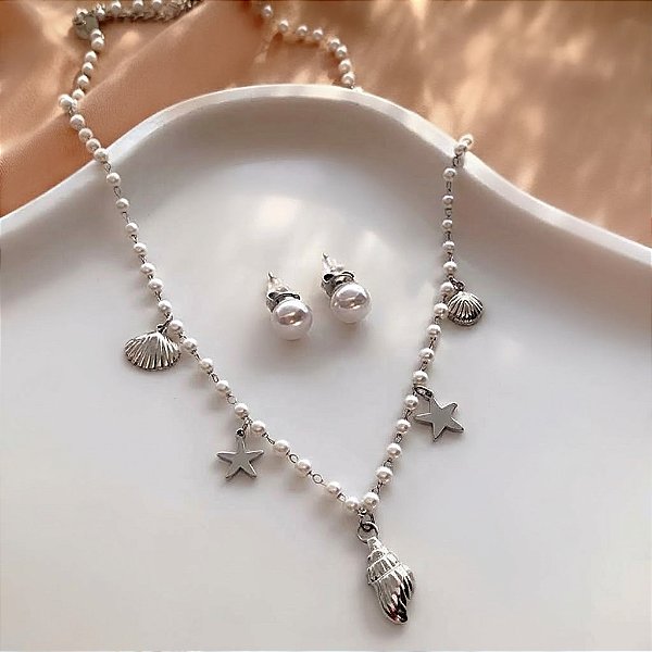 CONJUNTO BRINCO E COLAR MINI PÉROLAS PINGENTES MARINHOS AÇO 316L PREMIUM⭐️