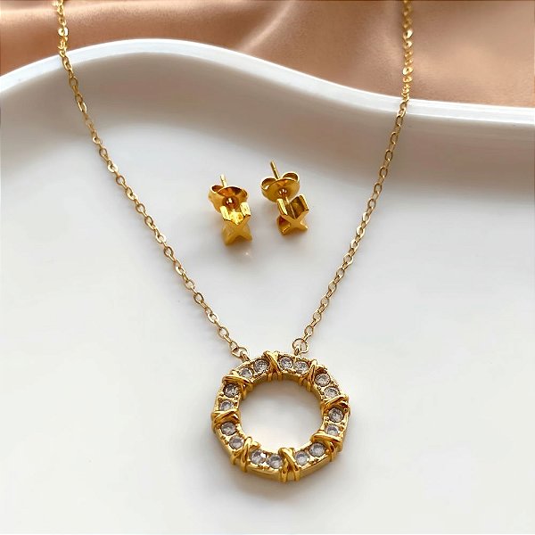 CONJUNTO BRINCO E COLAR CÍRCULO DE PEDRAS X DOURADO AÇO 316L PREMIUM⭐️