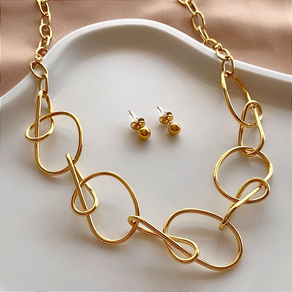 CONJUNTO BRINCO E COLAR FIOS ENROSCADOS DOURADO AÇO 316L PREMIUM⭐️