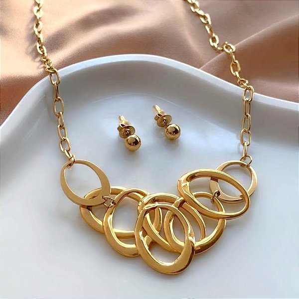 CONJUNTO BRINCO E COLAR ELOS JUNTOS DOURADO AÇO 316L PREMIUM⭐️