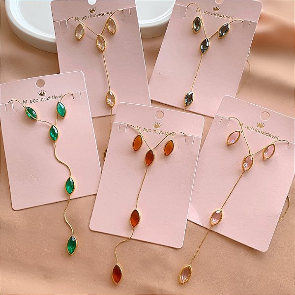 CONJUNTO BRINCO E COLAR DELICADO PEDRAS GOTAS ZIRCÔNIAS DOURADO AÇO 316L PREMIUM⭐️