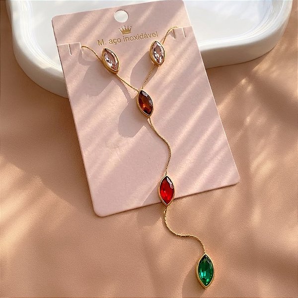 CONJUNTO BRINCO E COLAR DELICADO PEDRAS GOTAS ZIRCÔNIAS COLOR DOURADO AÇO 316L PREMIUM⭐️