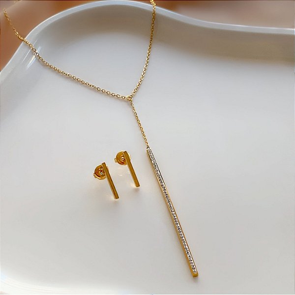 CONJUNTO BRINCO E COLAR DELICADO PALITO MINI ZIRCÔNIAS DOURADO AÇO 316L PREMIUM⭐️