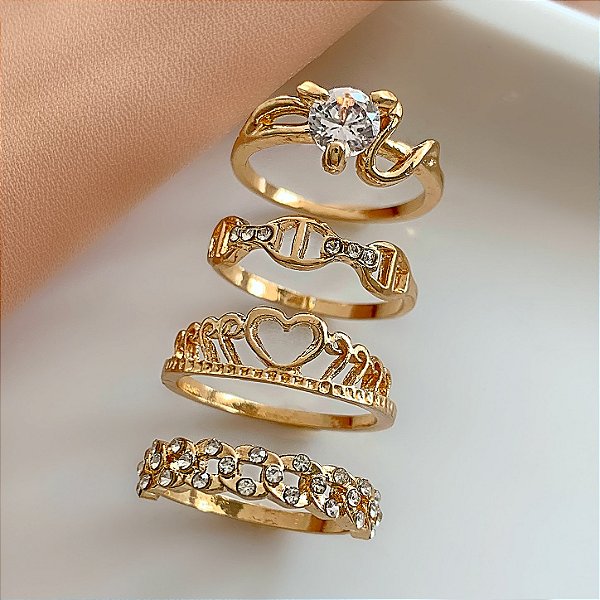 KIT DE ANÉIS COROA CORAÇÃO ZIRCÔNIAS DOURADO BIJU
