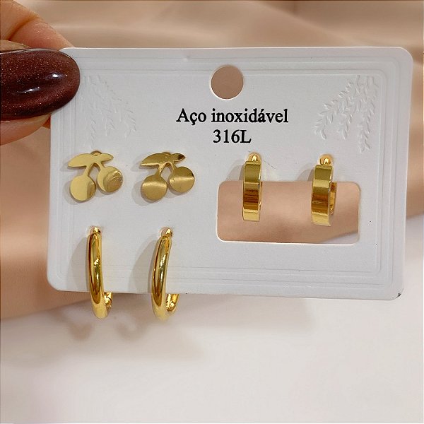 KIT DE BRINCOS CEREJA E ARGOLAS DOURADO AÇO 316L⭐️