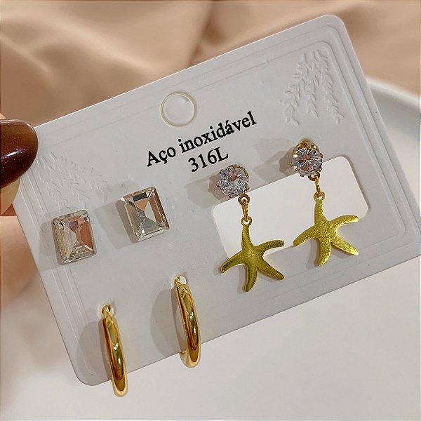 KIT DE BRINCOS ESTRELA DO MAR ZIRCÔNIA E ARGOLAS DOURADO AÇO 316L⭐️