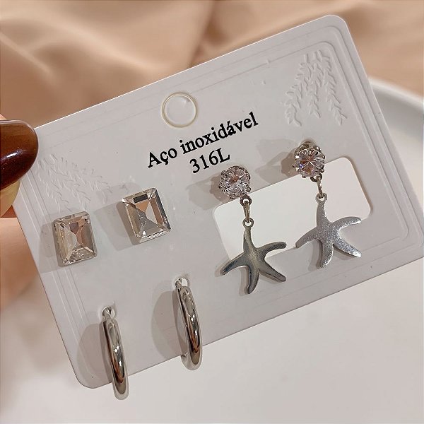 KIT DE BRINCOS ESTRELA DO MAR ZIRCÔNIA E ARGOLAS PRATEADO AÇO 316L⭐️