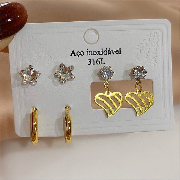 KIT DE BRINCOS ESTRELA ZIRCÔNIA, CORAÇÃO VAZADO E ARGOLAS DOURADO AÇO 316L⭐️