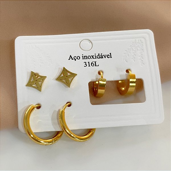 KIT DE BRINCOS TREVO VAZADO E ARGOLAS DOURADO AÇO 316L⭐️