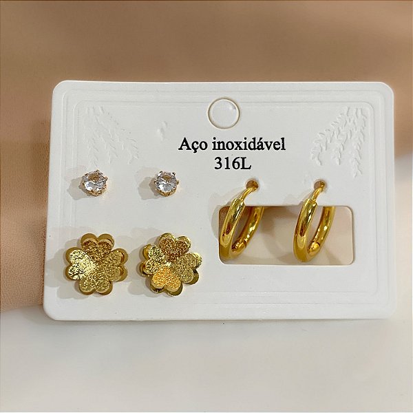 KIT DE BRINCOS FLOR ZIRCÔNIA ARGOLAS DOURADO AÇO 316L⭐️