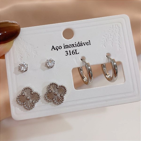 KIT DE BRINCOS TREVO, PONTO DE LUZ E ARGOLA AÇO 316L⭐️