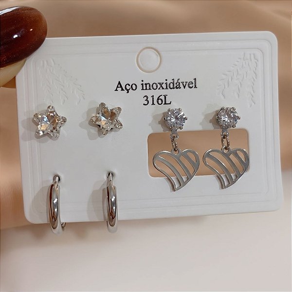 KIT DE BRINCOS ESTRELA ZIRCÔNIA, CORAÇÃO VAZADO E ARGOLAS AÇO 316L⭐️