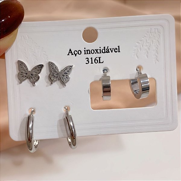 KIT DE BRINCOS BORBOLETA DETALHADA E ARGOLAS AÇO 316L⭐️