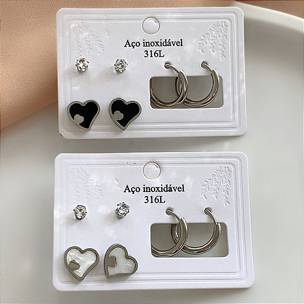KIT DE BRINCOS CORAÇÃO MADREPÉROLA COLOR AÇO 316L⭐️