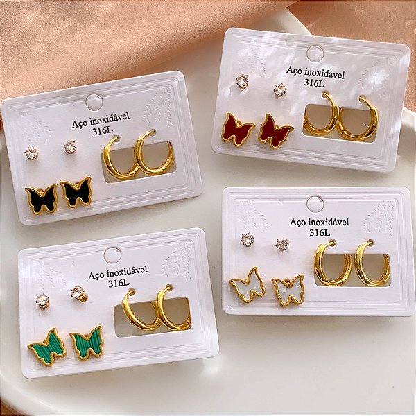 KIT DE BRINCOS BORBOLETA ESMALTADA COLOR DOURADO AÇO 316L⭐️