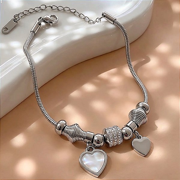 PULSEIRA PINGENTES CORAÇÃO MADREPÉROLA E ZIRCÔNIAS AÇO 316L⭐️
