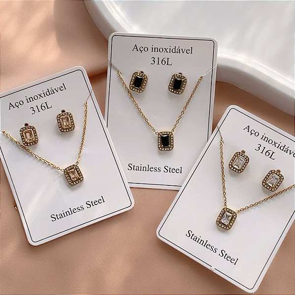 CONJUNTO BRINCO E COLAR QUADRADO ZIRCÔNIA COLOR DOURADO AÇO 316L⭐️(GRUPO 1)