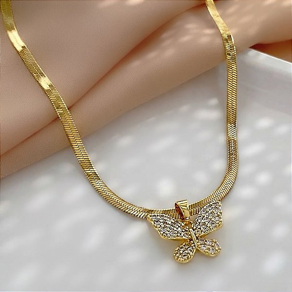 COLAR FITA PINGENTE BORBOLETA COM ZIRCÔNIAS DOURADO AÇO 316L⭐️
