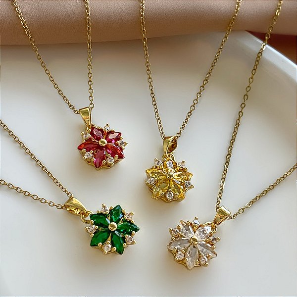 COLAR PINGENTE FLOR DETALHADA PEDRA ZIRCÔNIA COLOR DOURADO AÇO 316L⭐️