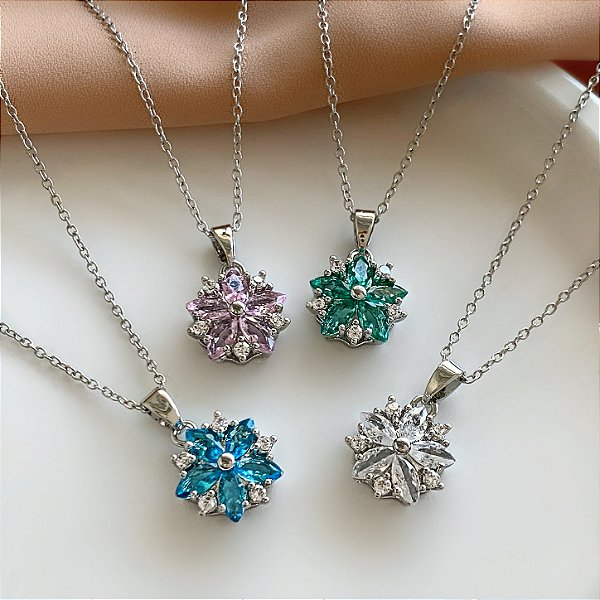 COLAR PINGENTE FLOR DETALHADA PEDRA ZIRCÔNIA COLOR AÇO 316L⭐️