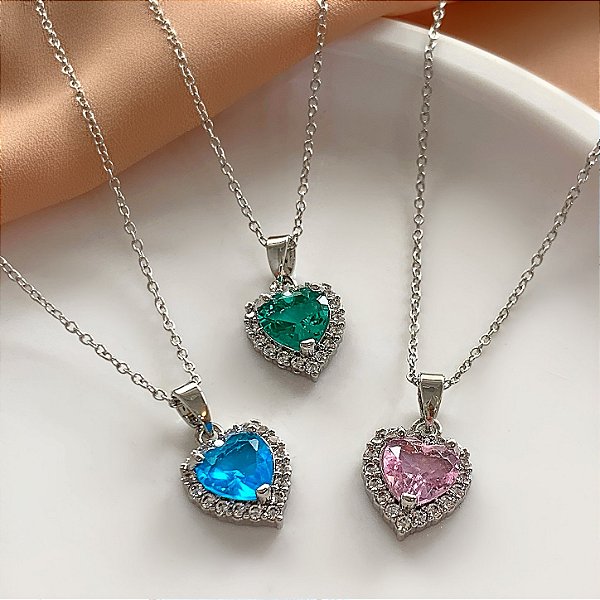 COLAR PINGENTE CORAÇÃO PEDRA ZIRCÔNIA COLOR AÇO 316L⭐️