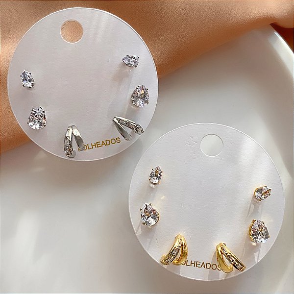 KIT DE BRINCOS MEIA ARGOLA E GOTAS ZIRCÔNIAS FOLHEADO ⭐️