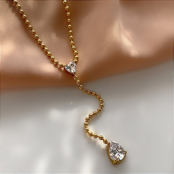 COLAR ESTILO GRAVATINHA BOLINHAS CORAÇÃO E GOTA ZIRCÔNIAS DOURADO AÇO 316L⭐️
