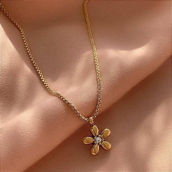 COLAR PINGENTE MINI FLOR COM ZIRCÔNIA DOURADO AÇO 316L⭐️