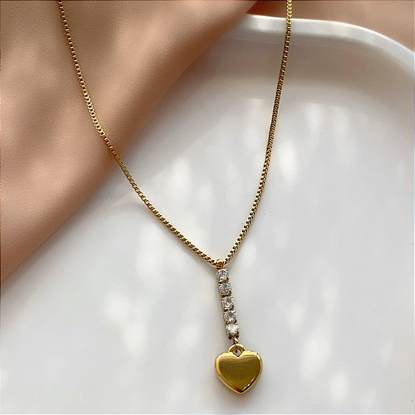 COLAR FIO DE ZIRCÔNIA E CORAÇÃO BOLEADO DOURADO AÇO 316L⭐️