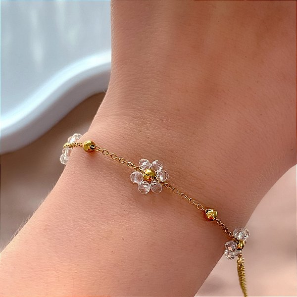 PULSEIRA MINI FLORES DE CRISTAIS DOURADO AÇO 316L⭐️