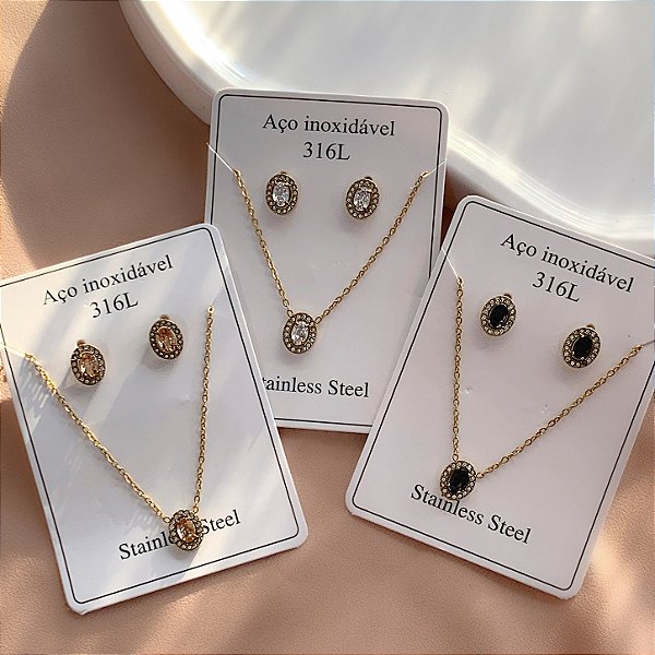 CONJUNTO BRINCO E COLAR OVAL ZIRCÔNIA COLOR DOURADO AÇO 316L⭐️(GRUPO 1)