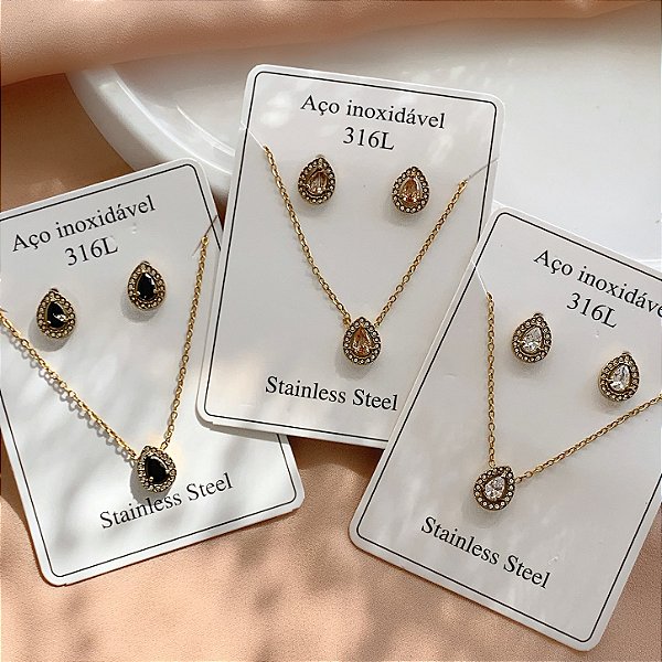CONJUNTO BRINCO E COLAR PINGENTE GOTA ZIRCÔNIA COLOR DOURADO AÇO 316L⭐️(GRUPO 1)