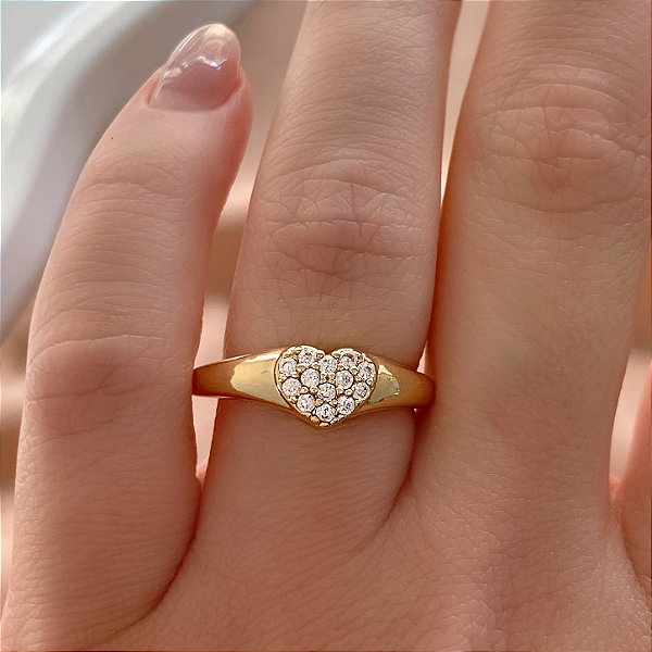 ANEL CORAÇÃO CRAVEJADO MINI ZIRCÔNIAS DOURADO BIJU