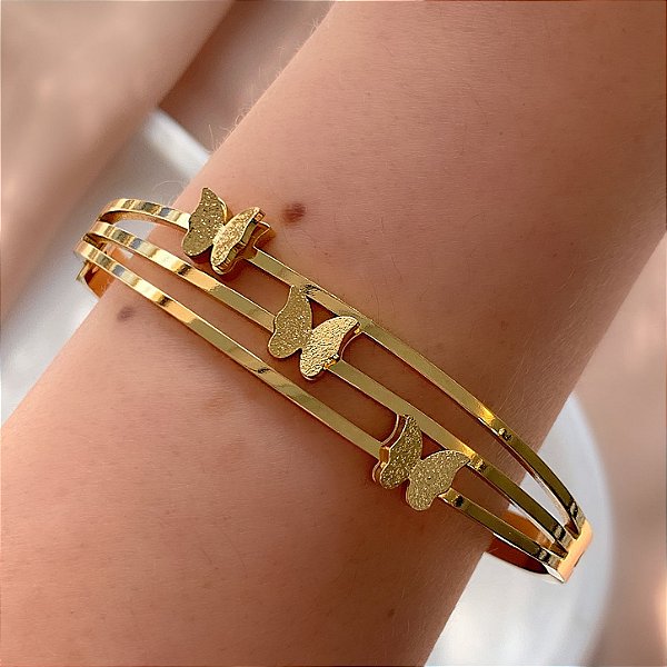 PULSEIRA/BRACELETE 3 FIOS BORBOLETAS DOURADO AÇO 316L⭐️