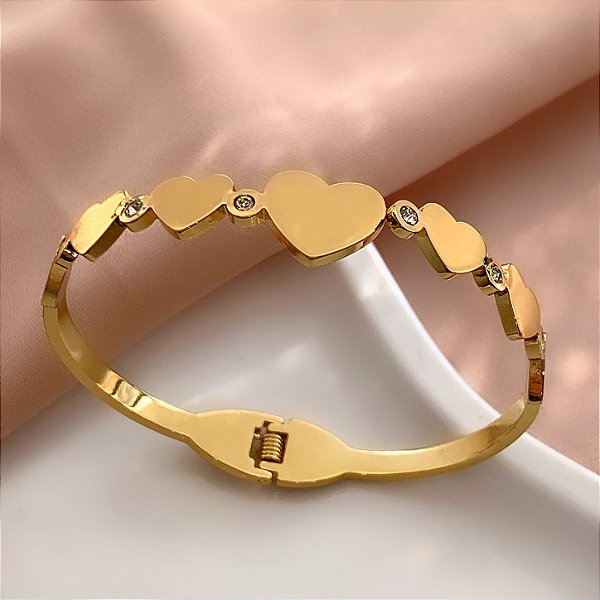 PULSEIRA/BRACELETE CORAÇÕES LISOS E ZIRCÔNIAS DOURADO AÇO 316L⭐️