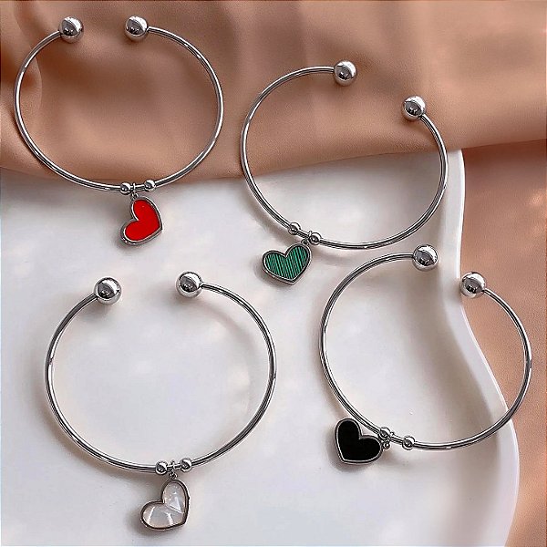 PULSEIRA/BRACELETE PINGENTE CORAÇÃO ESMALTADO AÇO 316L⭐️