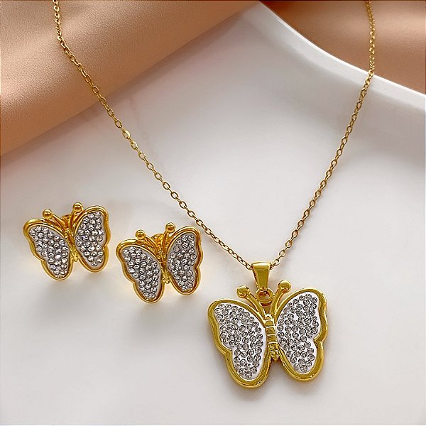 CONJUNTO COLAR E BRINCO BORBOLETA MINI ZIRCÔNIAS DOURADO AÇO 316L⭐️