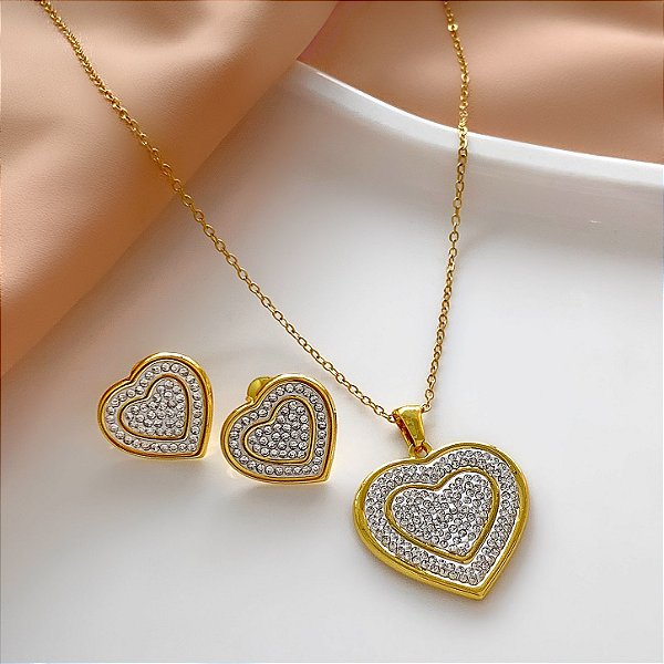 CONJUNTO COLAR E BRINCO CORAÇÃO DUPLO MINI ZIRCÔNIAS DOURADO AÇO 316L⭐️