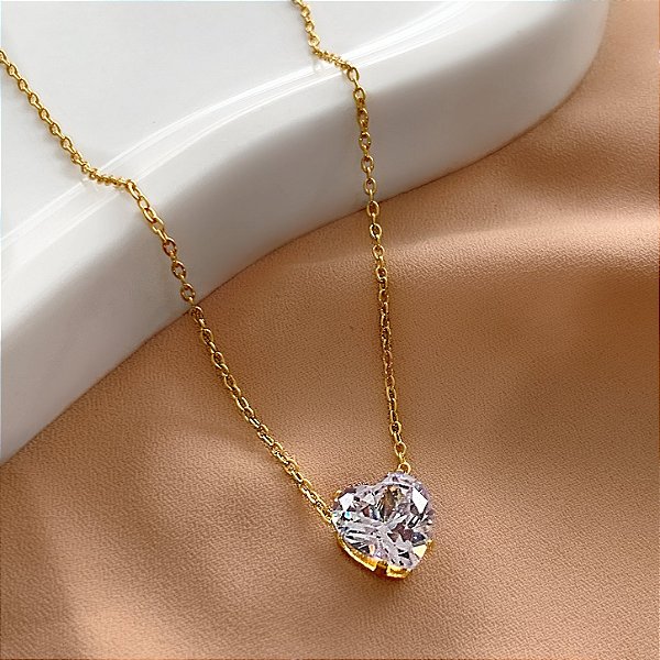 COLAR PEDRA CORAÇÃO M ZIRCÔNIA DOURADO AÇO 316L⭐️