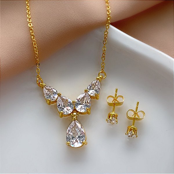 CONJUNTO BRINCOS E COLAR GOTAS ZIRCÔNIAS DOURADO AÇO 316L⭐️