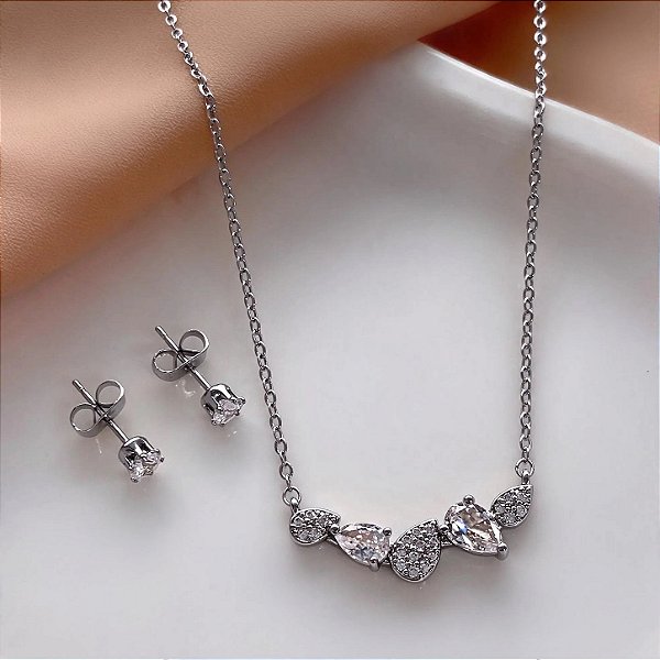 CONJUNTO BRINCOS E COLAR GOTAS E MINI ZIRCÔNIAS AÇO 316L⭐️